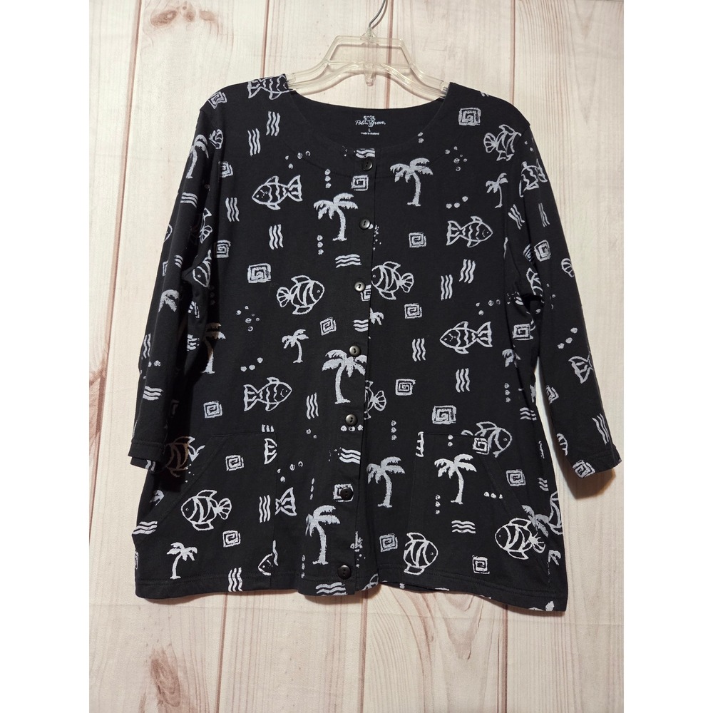 Palm Grove Women Large Black‎ Tropical Fish Palm Tree Button Front Shirt Stretch